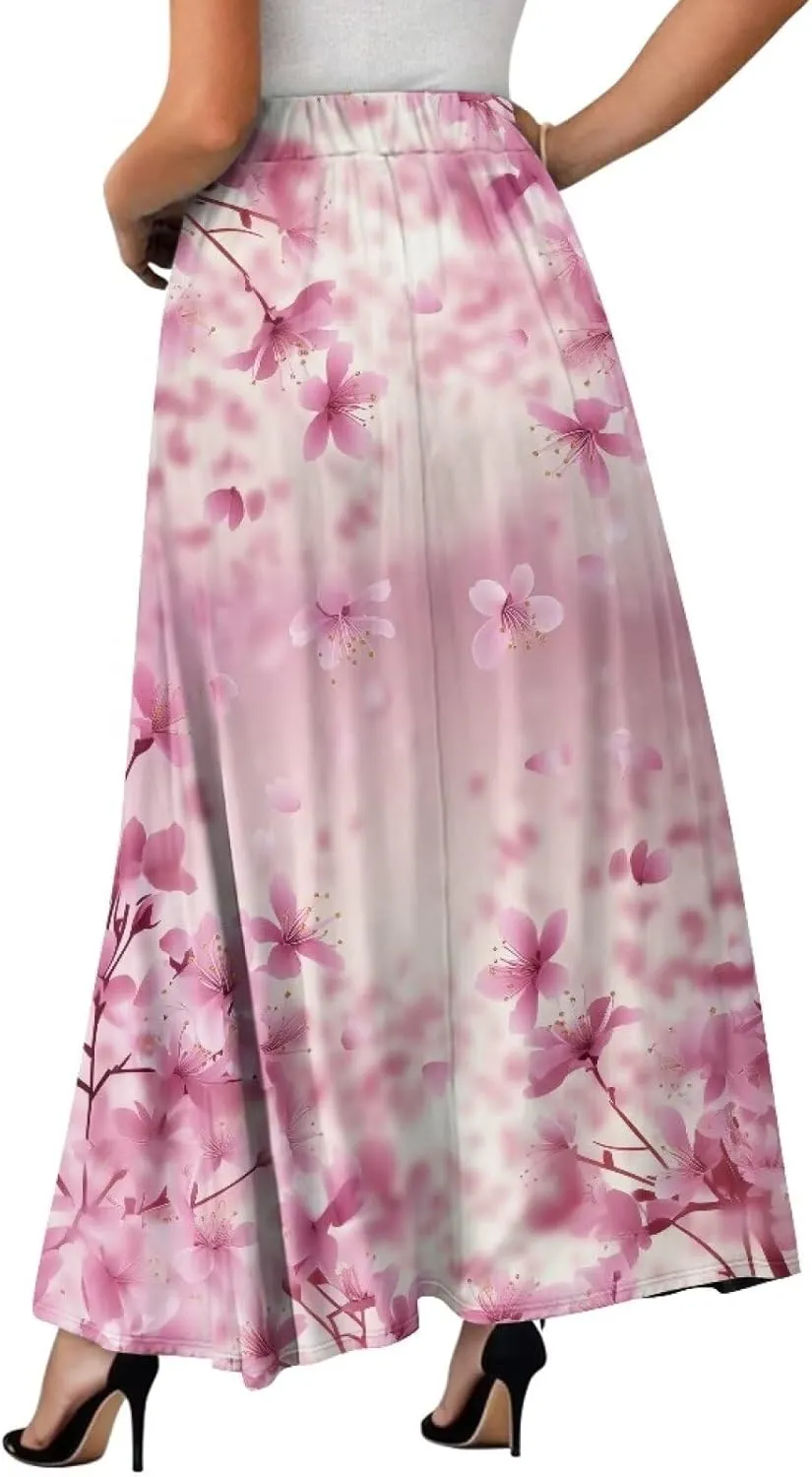 Biyejit Women Flowy Long Skirts Summer Fall Pleated Elastic High Waisted Casual Maxi Skirts with Pockets Plus Size