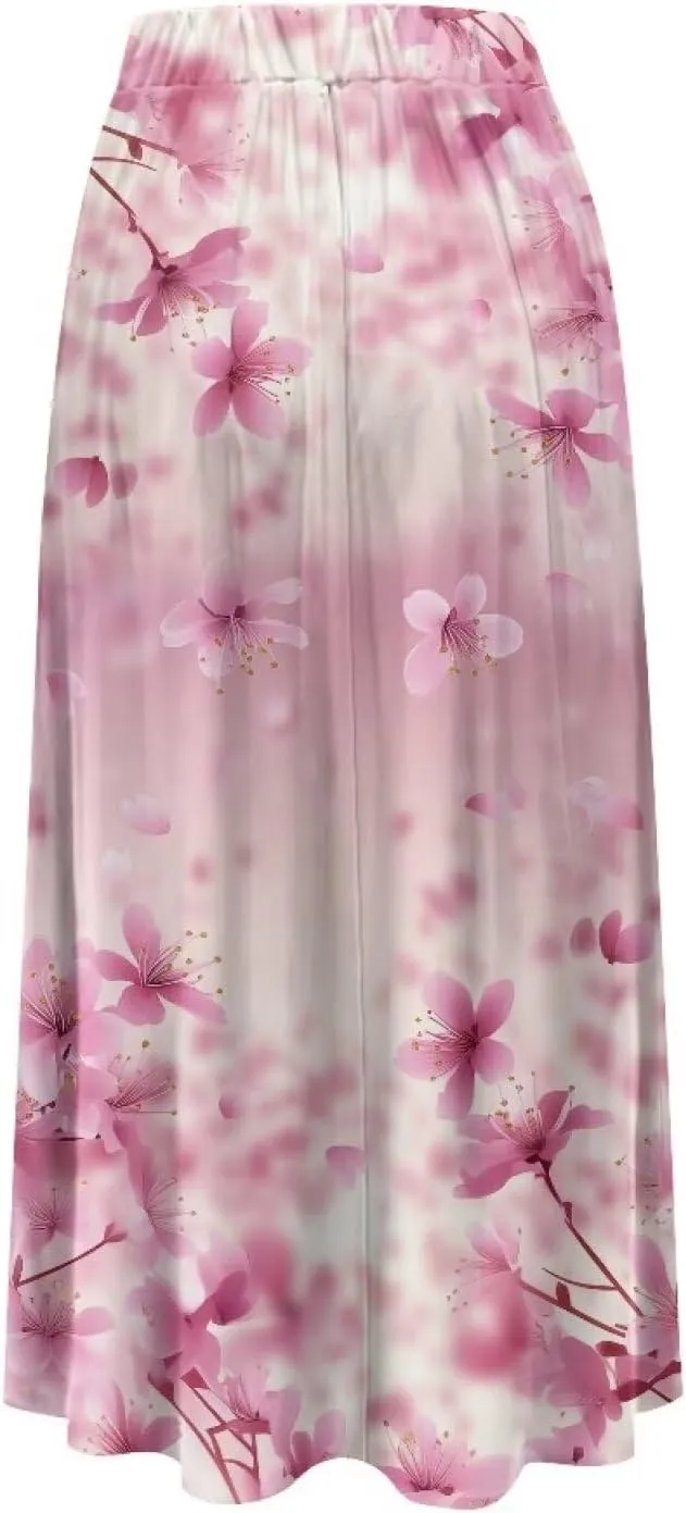 Biyejit Women Flowy Long Skirts Summer Fall Pleated Elastic High Waisted Casual Maxi Skirts with Pockets Plus Size