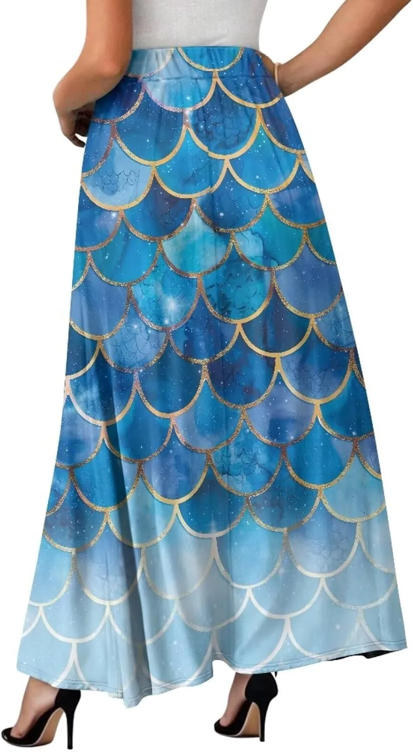 Biyejit Women's Elastic High Waist Pleated A-Line Skirts Flowy Swing Maxi Long Skirt Dress with Pockets