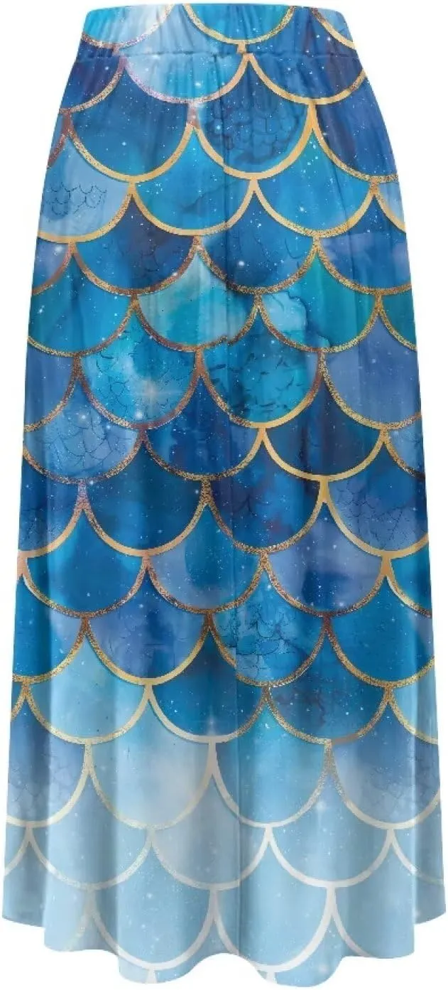 Biyejit Women's Elastic High Waist Pleated A-Line Skirts Flowy Swing Maxi Long Skirt Dress with Pockets