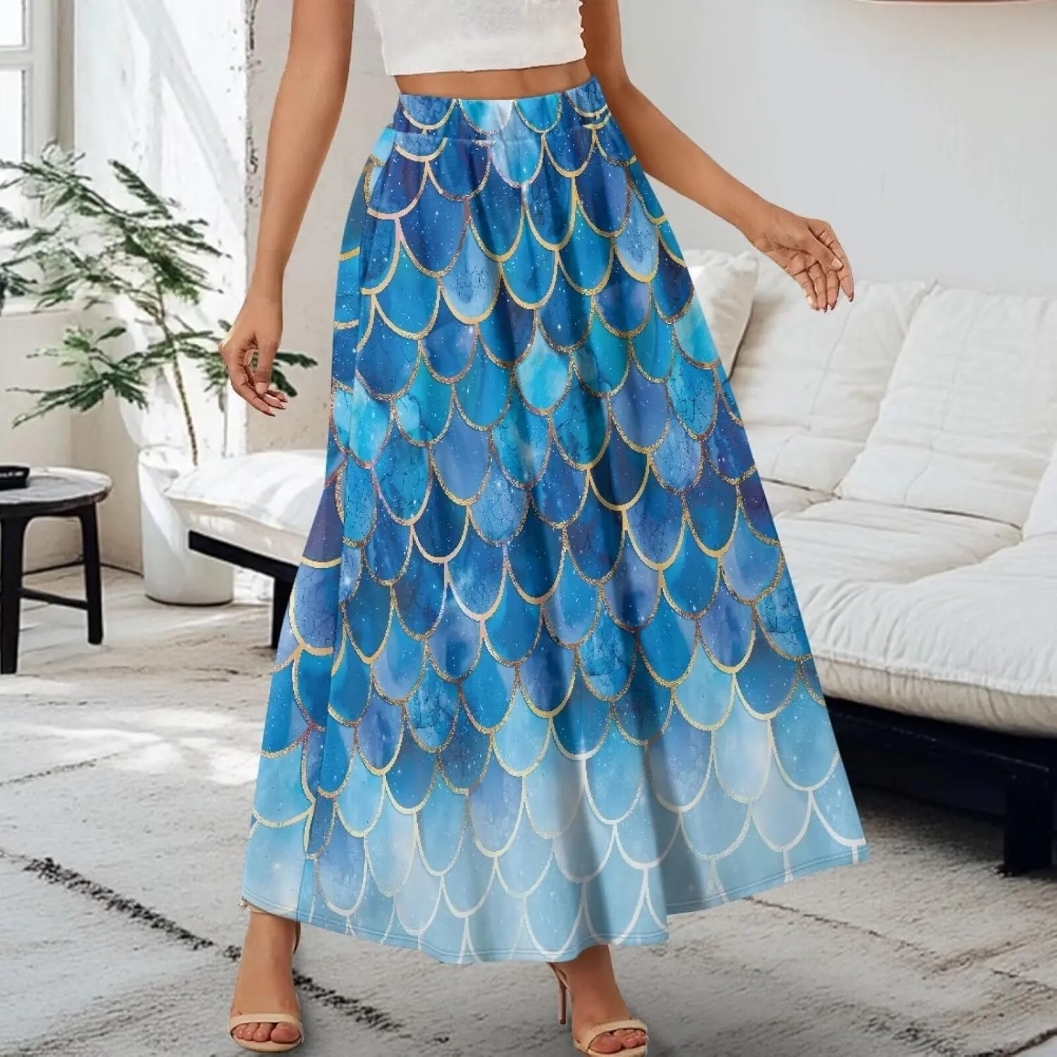 Biyejit Women's Elastic High Waist Pleated A-Line Skirts Flowy Swing Maxi Long Skirt Dress with Pockets