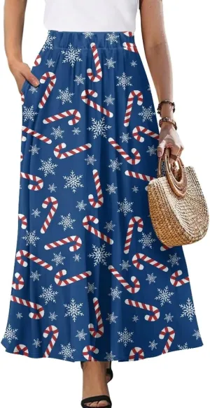 Biyejit Women's Elastic High Waist Pleated A-Line Skirts Flowy Swing Maxi Long Skirt Dress with Pockets