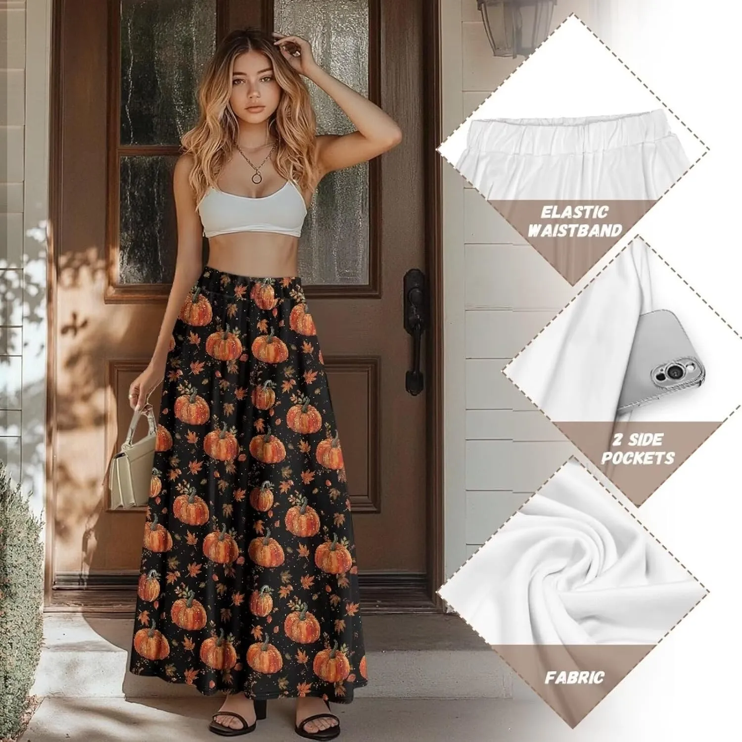 Biyejit Women's Flowy Maxi Skirt Pleated High Waisted A Line Skirt Casual Long Skirts with Pockets S-2XL