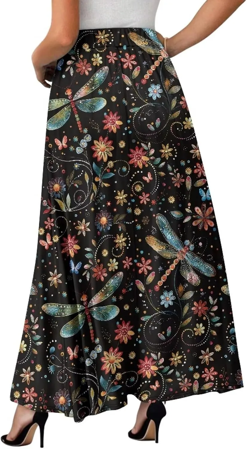 Biyejit Women's Flowy Maxi Skirt Pleated High Waisted A Line Skirt Casual Long Skirts with Pockets S-2XL
