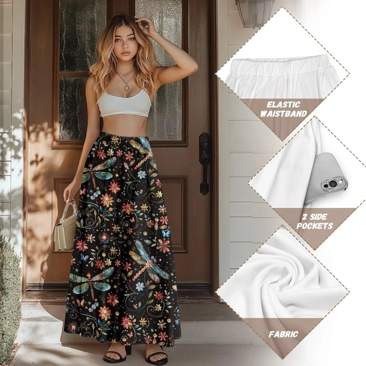 Biyejit Women's Flowy Maxi Skirt Pleated High Waisted A Line Skirt Casual Long Skirts with Pockets S-2XL