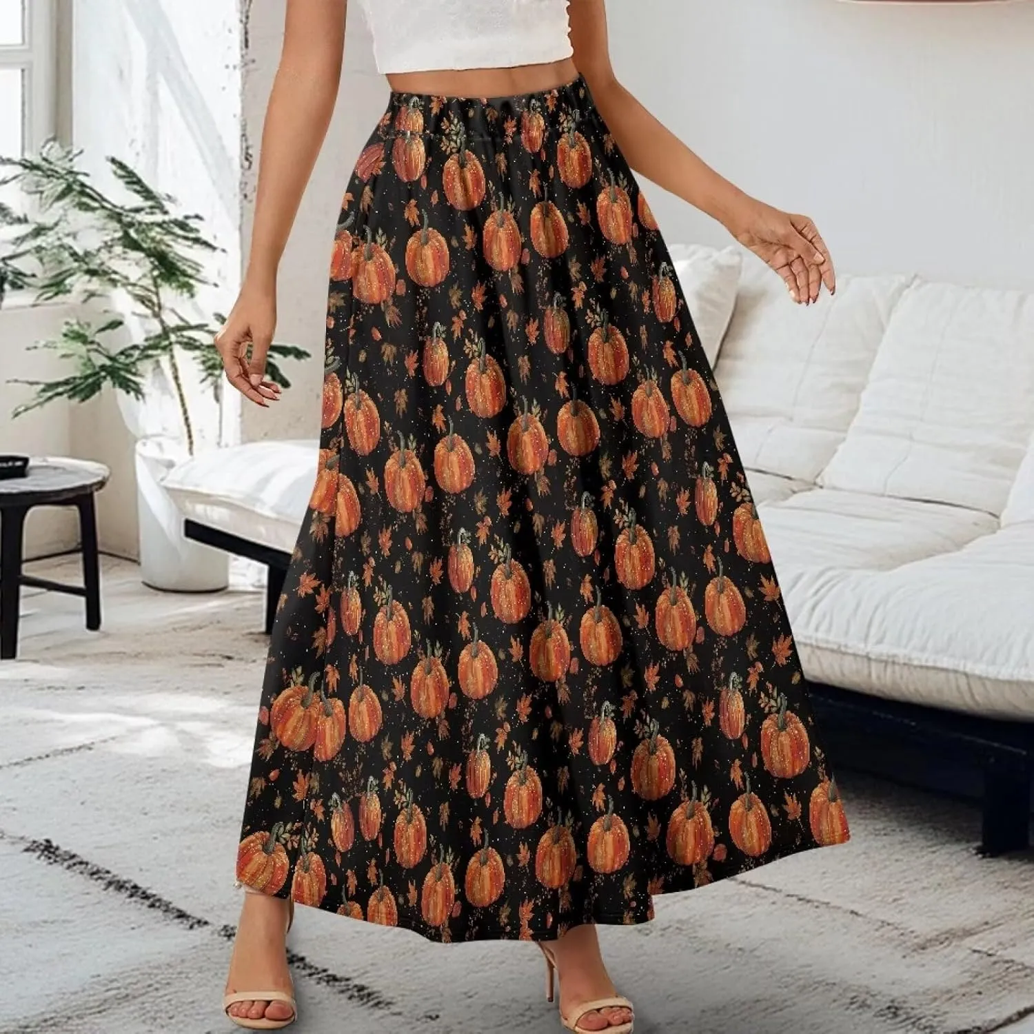 Biyejit Women's Flowy Maxi Skirt Pleated High Waisted A Line Skirt Casual Long Skirts with Pockets S-2XL