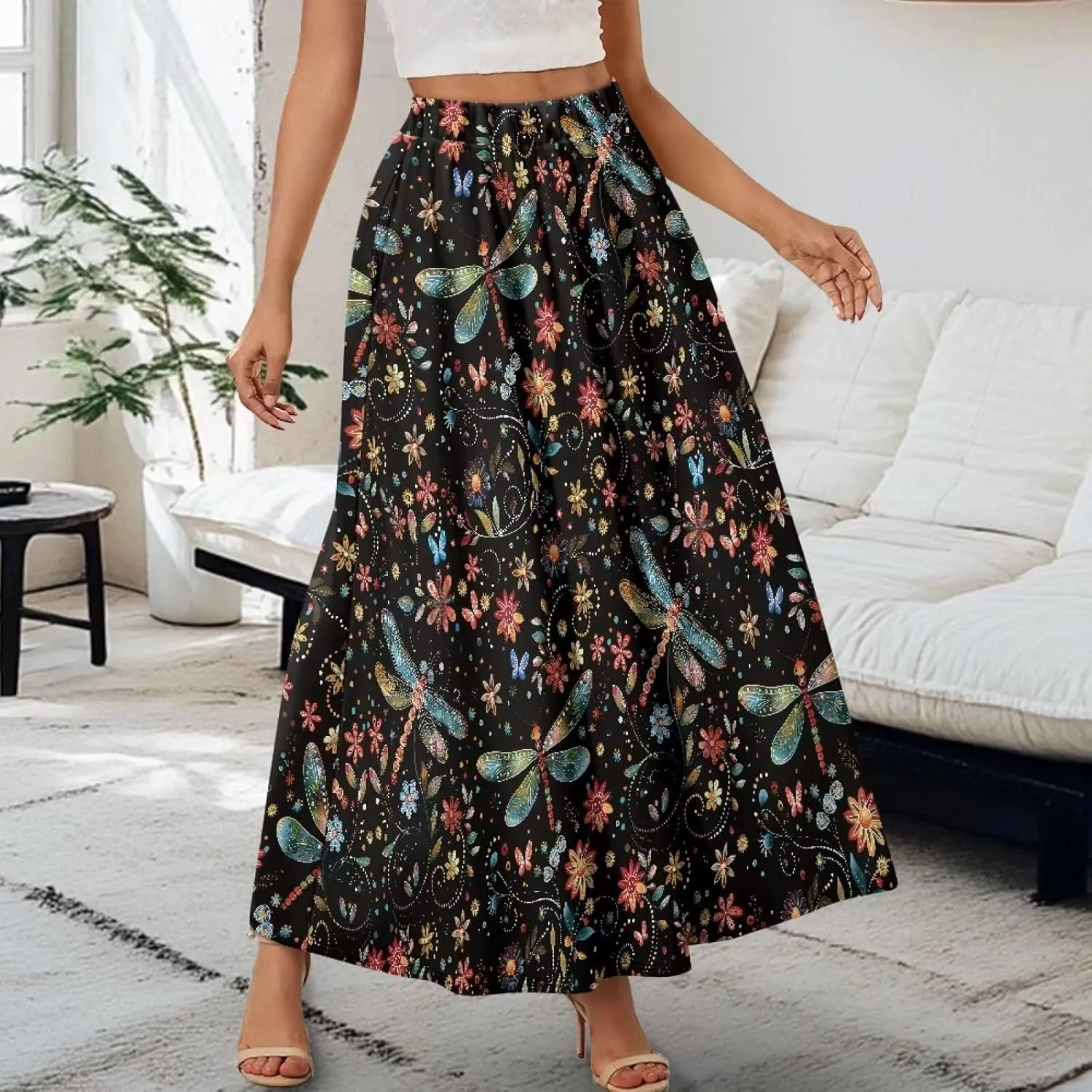 Biyejit Women's Flowy Maxi Skirt Pleated High Waisted A Line Skirt Casual Long Skirts with Pockets S-2XL