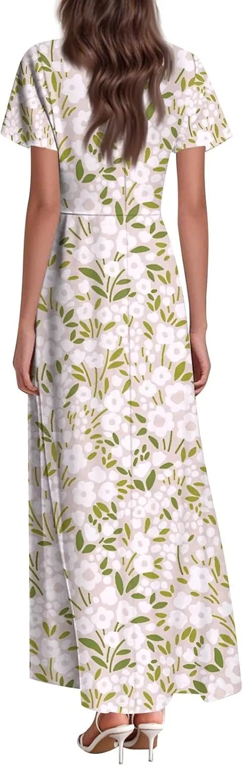 Boho Dresses for Women 2025 Floral Maxi Dress - Short Sleeve Summer Wedding Guest Dress Empire Waist Modest Midi Dresses