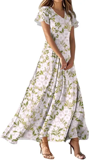 Boho Dresses for Women 2025 Floral Maxi Dress - Short Sleeve Summer Wedding Guest Dress Empire Waist Modest Midi Dresses