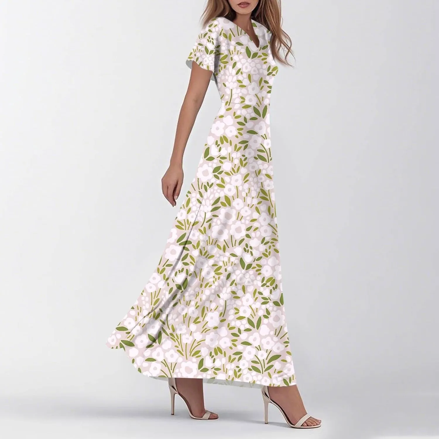 Boho Dresses for Women 2025 Floral Maxi Dress - Short Sleeve Summer Wedding Guest Dress Empire Waist Modest Midi Dresses