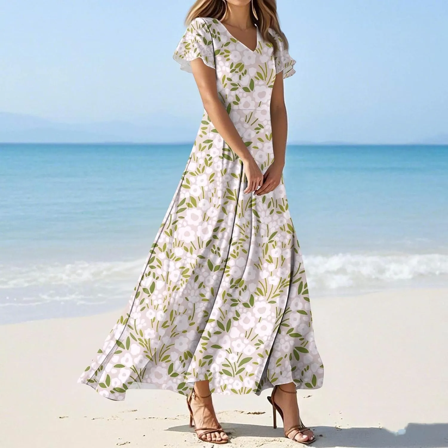Boho Dresses for Women 2025 Floral Maxi Dress - Short Sleeve Summer Wedding Guest Dress Empire Waist Modest Midi Dresses