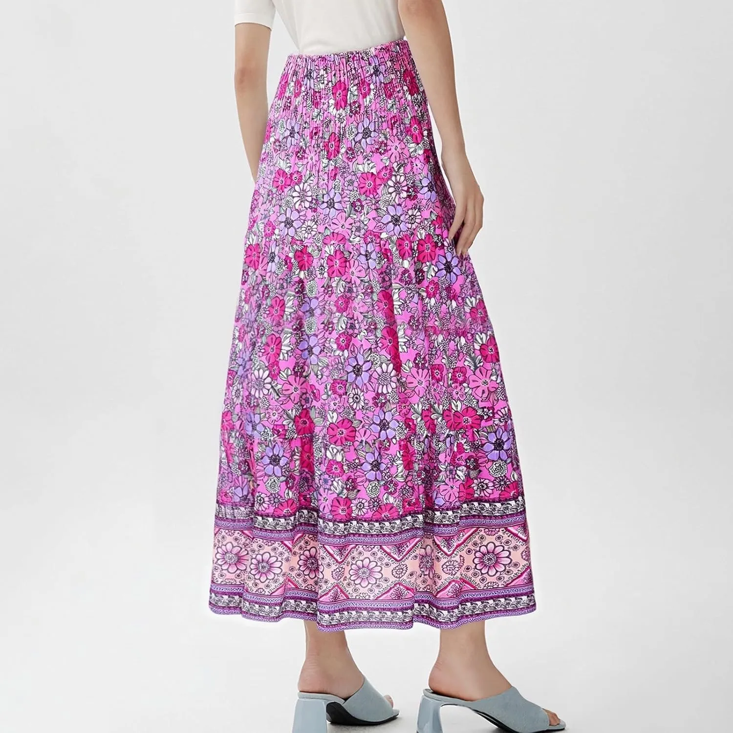 Boho Skirts for Women Summer Casual Flowy Floral Tiered Pleated Stretchy High Waisted Cute Beach A Line Long Skirts