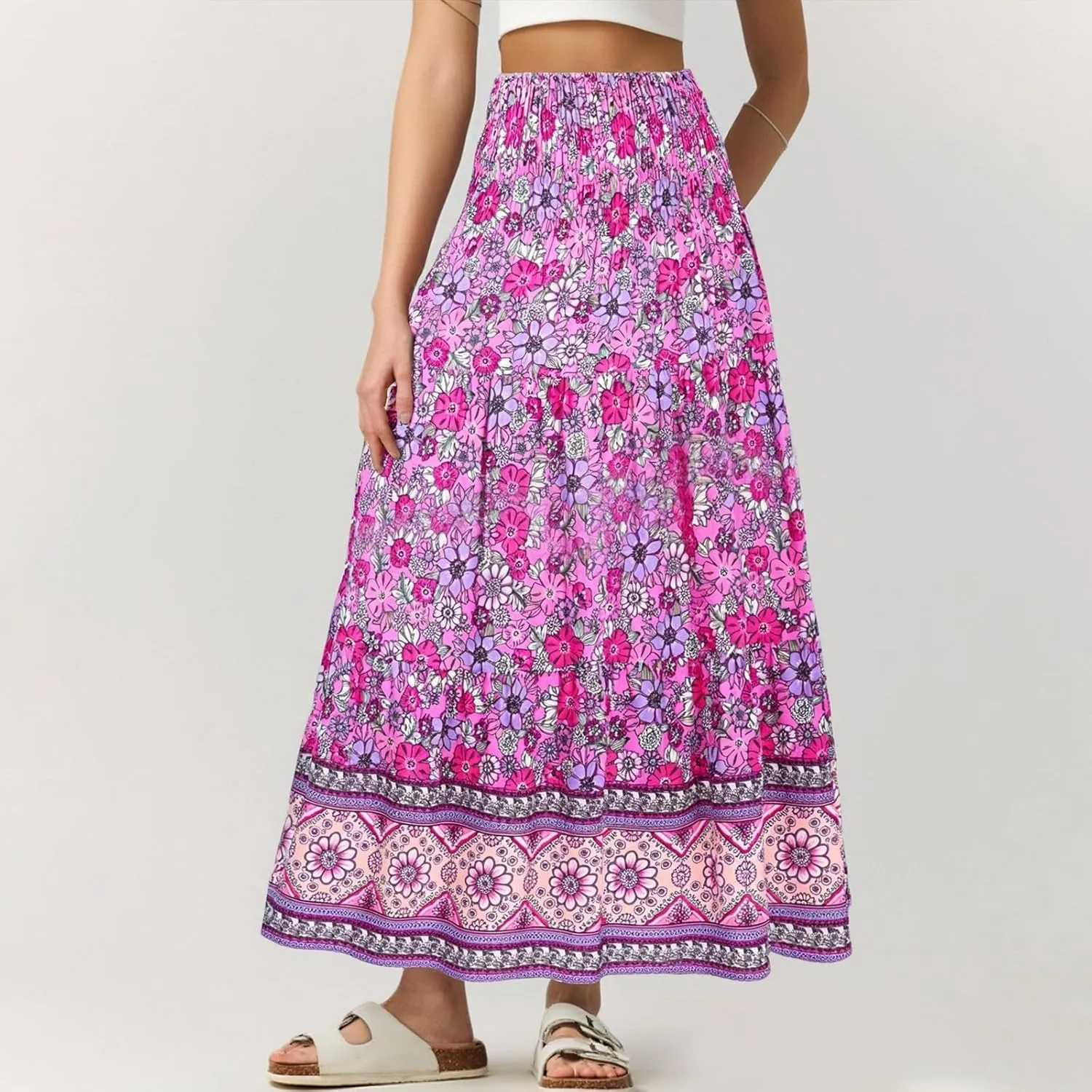 Boho Skirts for Women Summer Casual Flowy Floral Tiered Pleated Stretchy High Waisted Cute Beach A Line Long Skirts