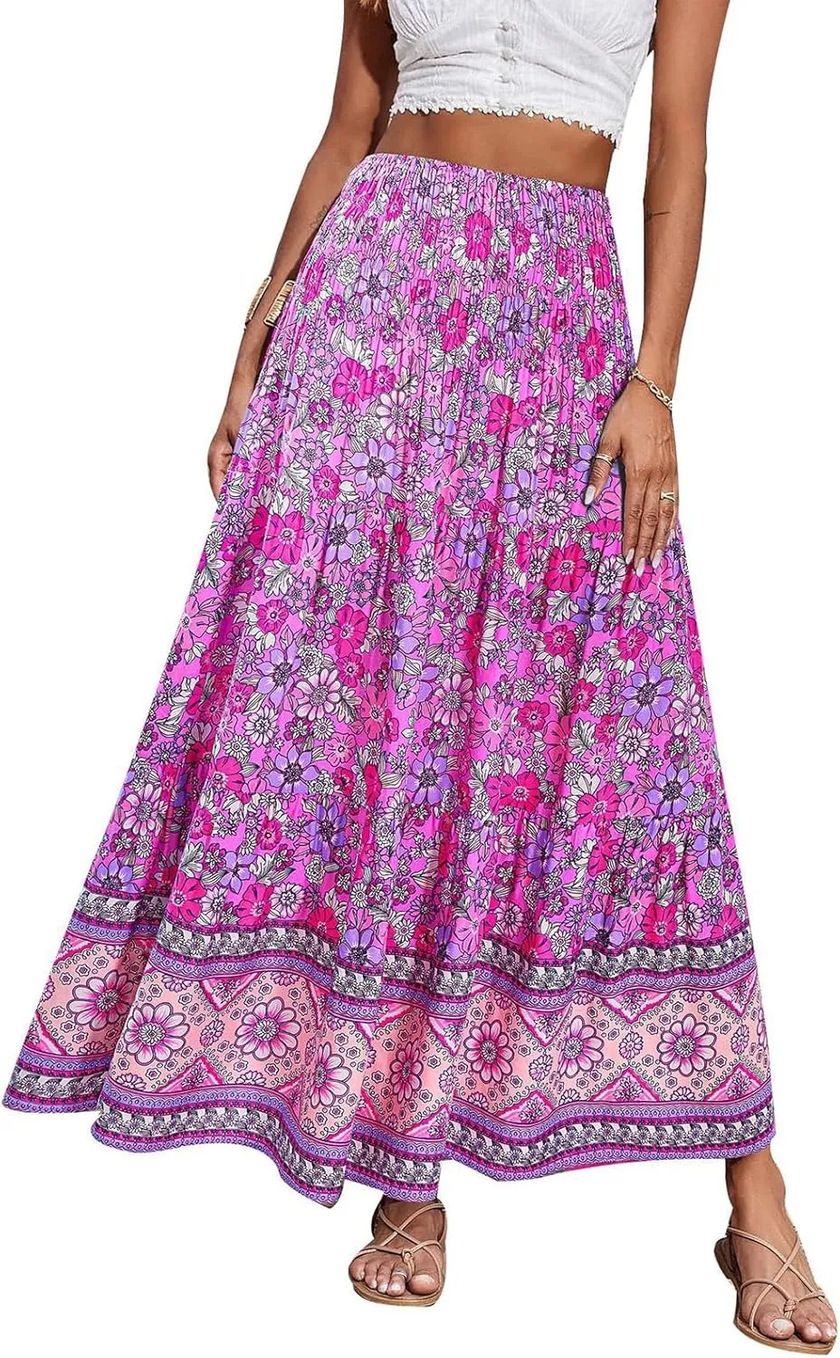 Boho Skirts for Women Summer Casual Flowy Floral Tiered Pleated Stretchy High Waisted Cute Beach A Line Long Skirts