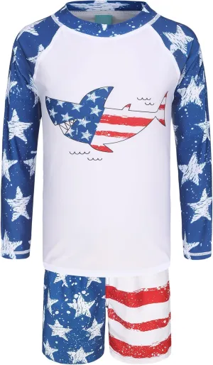 Boys Long Sleeve Rash Guard Swim Trunk Swimsuits Set Kids Two Piece Bathing Suit Swimwear Set
