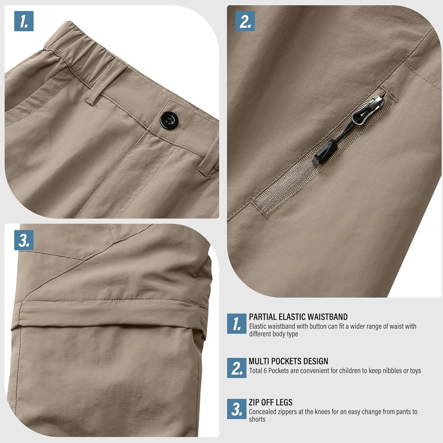 Boys Pants Kids Adjustable Waist Outdoor Quick Dry Lightweight Waterproof Pull On Casual Convertible Cargo Scout Pants