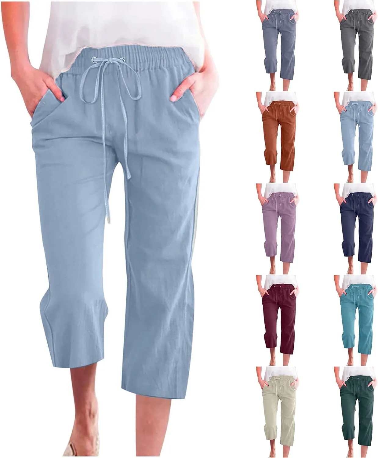 Capri Pants for Women 2025 Summer Casual Straight Leg Linen Pants with Pockets Elastic High Waisted Drawstring Beach Trousers