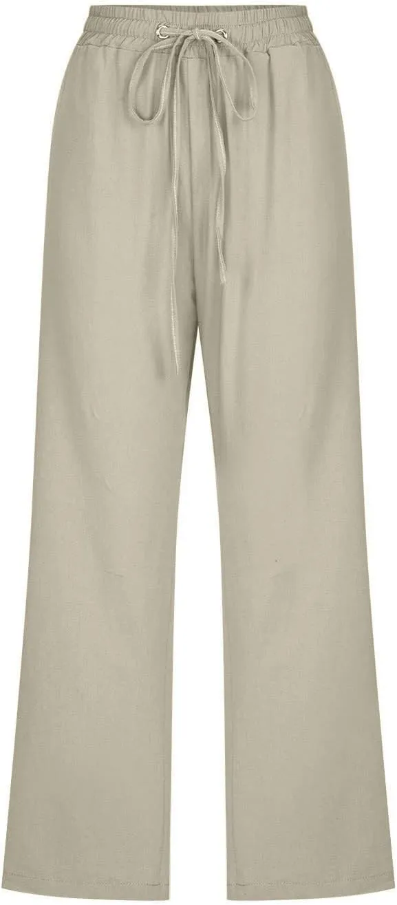 Capri Pants for Women 2025 Summer Casual Straight Leg Linen Pants with Pockets Elastic High Waisted Drawstring Beach Trousers