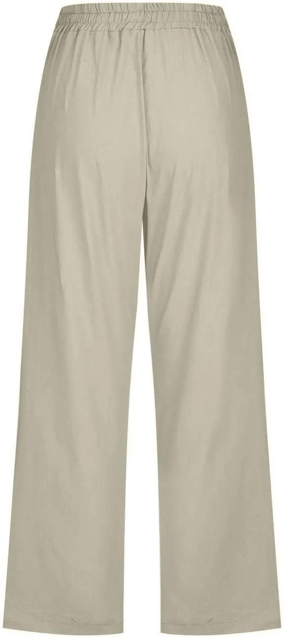Capri Pants for Women 2025 Summer Casual Straight Leg Linen Pants with Pockets Elastic High Waisted Drawstring Beach Trousers