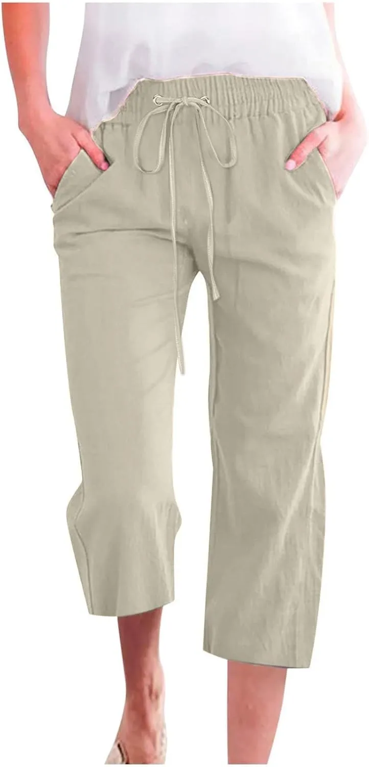 Capri Pants for Women 2025 Summer Casual Straight Leg Linen Pants with Pockets Elastic High Waisted Drawstring Beach Trousers