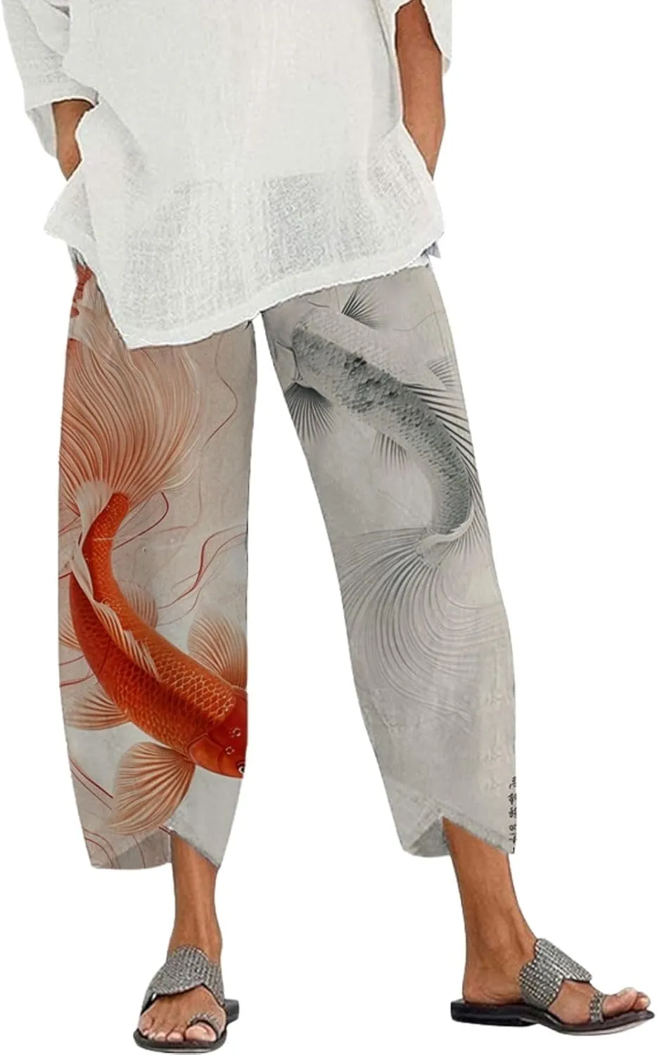 Capris Linen Pants for Women Ocean Japanese Art Printed Baggy Cropped Wide Leg Pallazzo Trousers Fish Pants for Beach