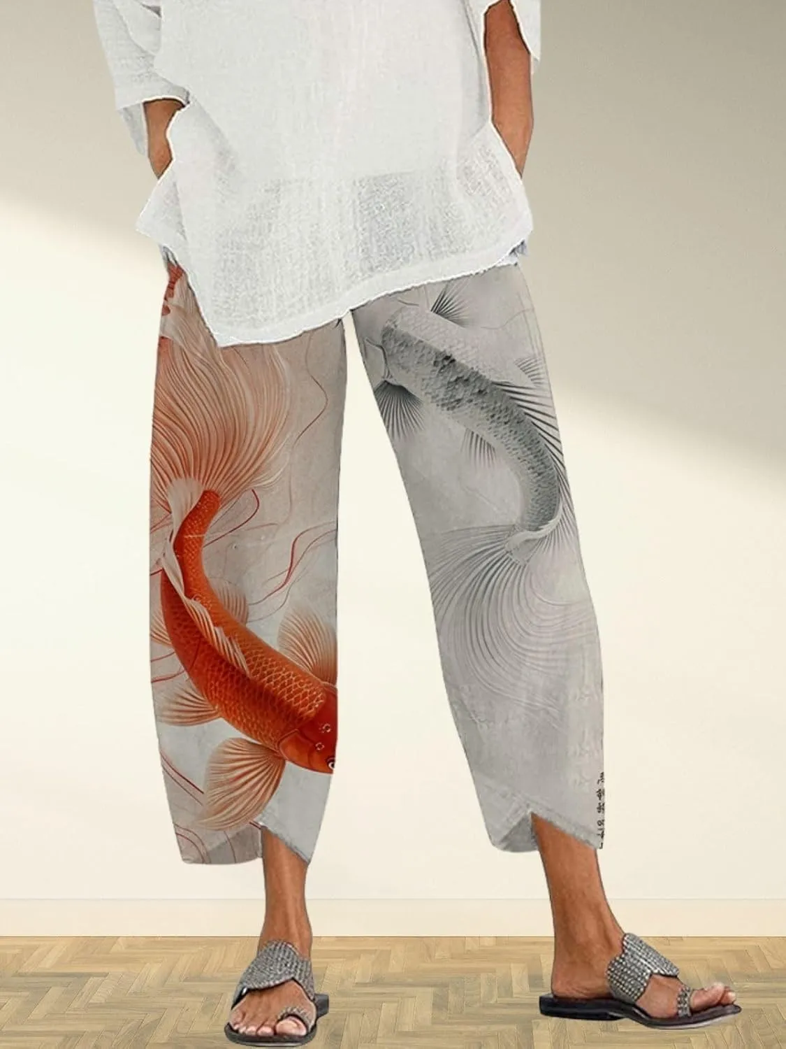 Capris Linen Pants for Women Ocean Japanese Art Printed Baggy Cropped Wide Leg Pallazzo Trousers Fish Pants for Beach