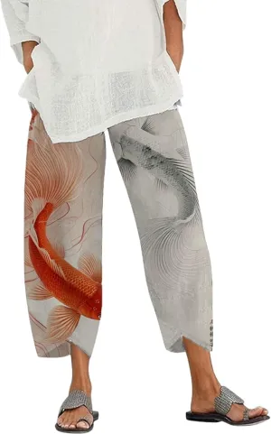 Capris Linen Pants for Women Ocean Japanese Art Printed Baggy Cropped Wide Leg Pallazzo Trousers Fish Pants for Beach