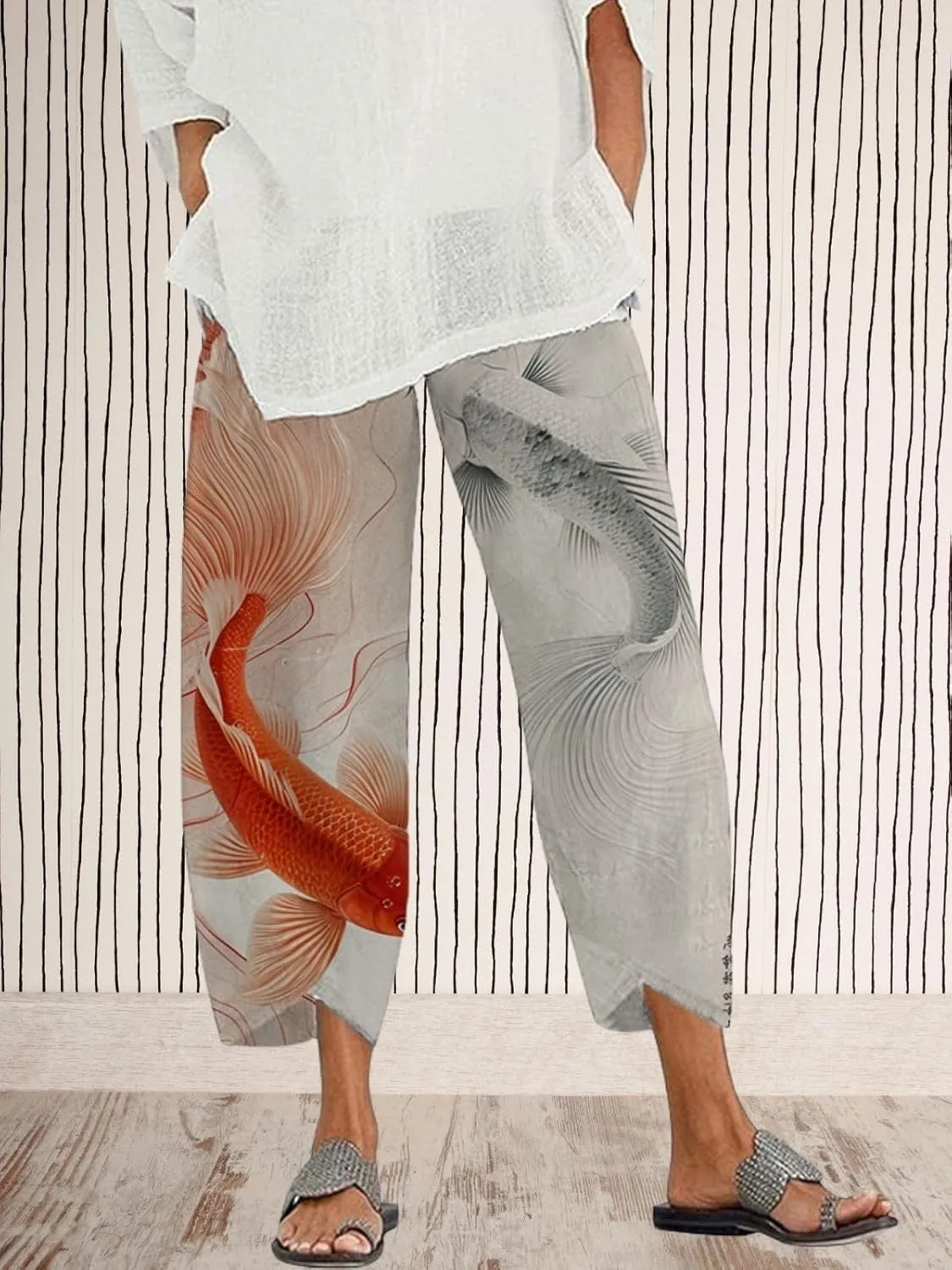Capris Linen Pants for Women Ocean Japanese Art Printed Baggy Cropped Wide Leg Pallazzo Trousers Fish Pants for Beach