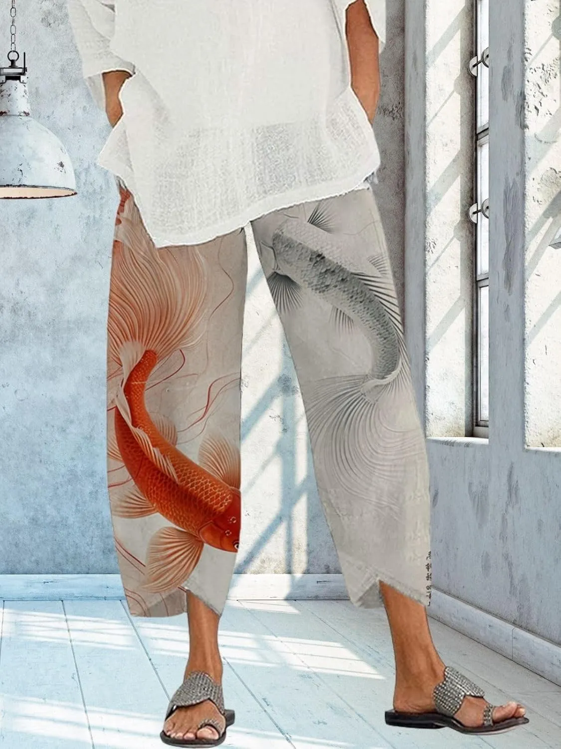 Capris Linen Pants for Women Ocean Japanese Art Printed Baggy Cropped Wide Leg Pallazzo Trousers Fish Pants for Beach