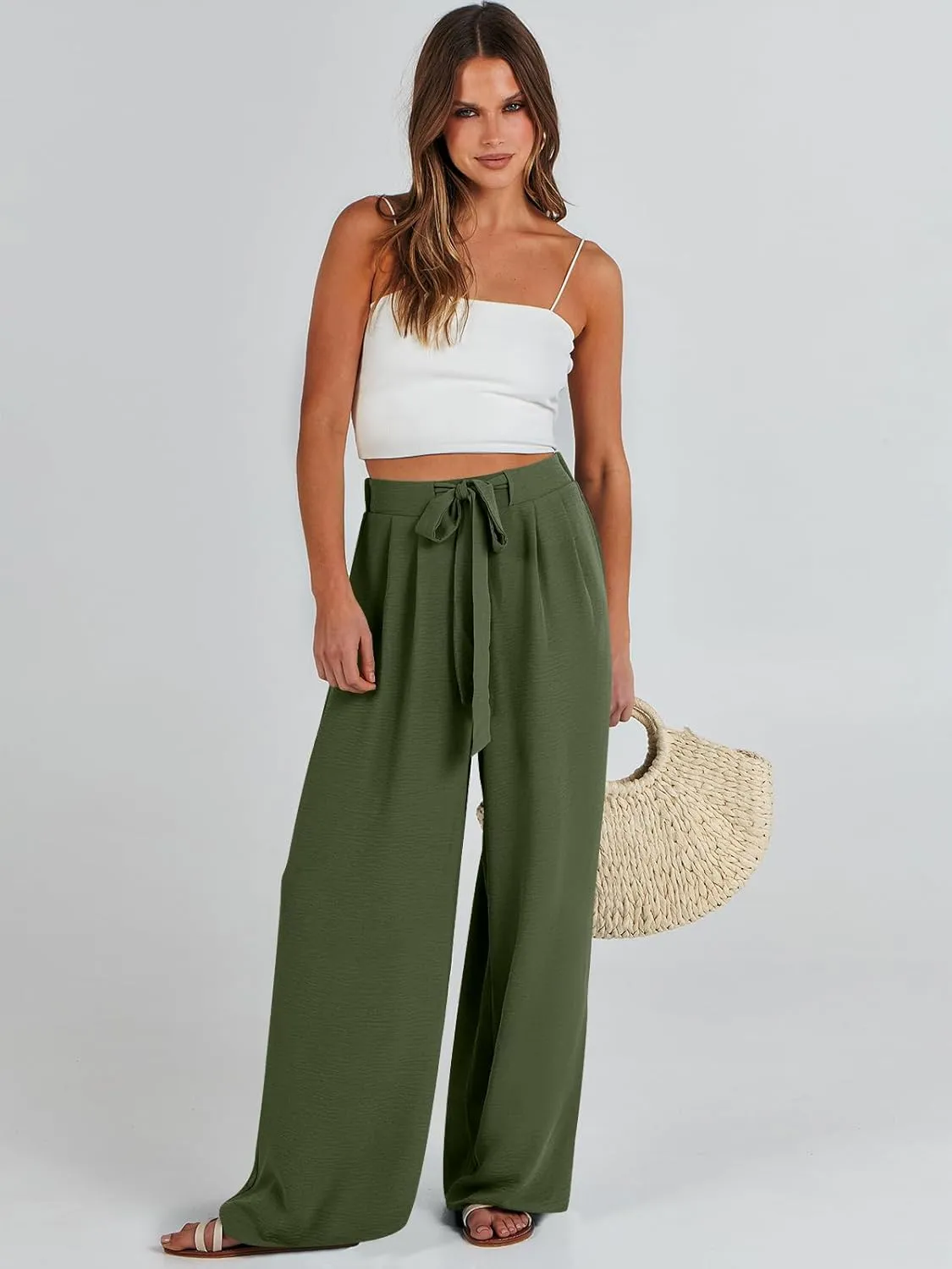 Caracilia Women Wide Leg Palazzo Pants Summer High Waist Flowy Casual Trousers Loose Lounge Beach Travel Vacation Clothes