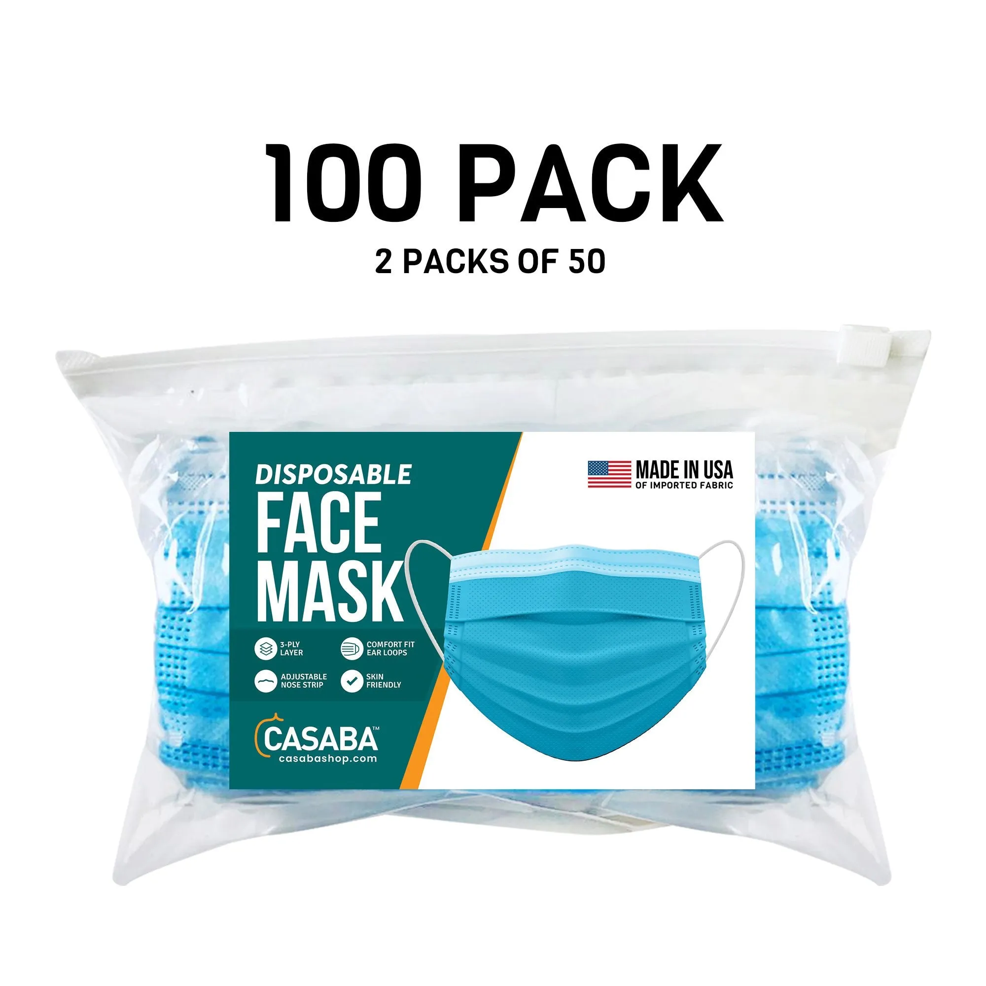 Casaba Face Mask Packs Disposable 3-Ply Filter - Made in USA with Imported Fabric - Teal
