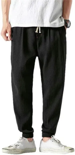 Casual Pants Chinese Style Men's Cotton and Linen Harem Pants Tied Legs Drawstring Elastic Waist Outdoor Sports