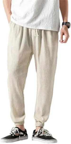 Casual Pants Chinese Style Men's Cotton and Linen Harem Pants Tied Legs Drawstring Elastic Waist Outdoor Sports