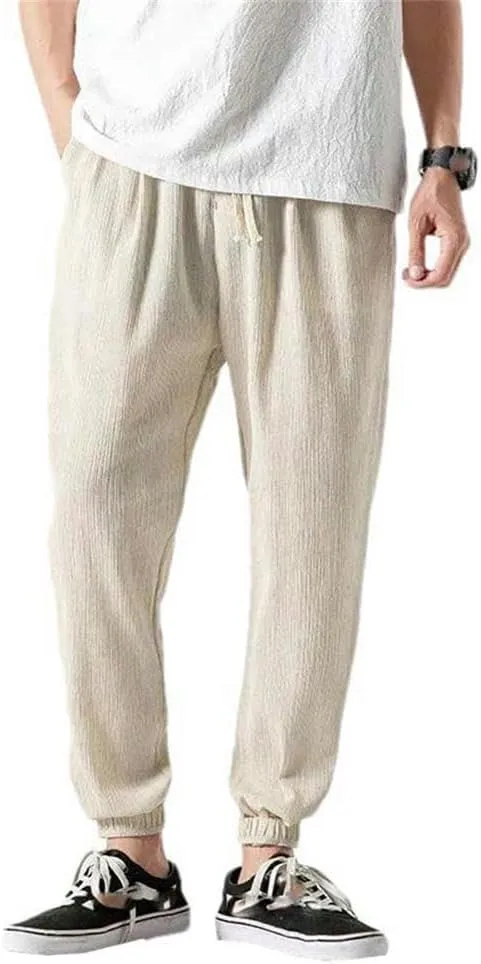Casual Pants Chinese Style Men's Cotton and Linen Harem Pants Tied Legs Drawstring Elastic Waist Outdoor Sports