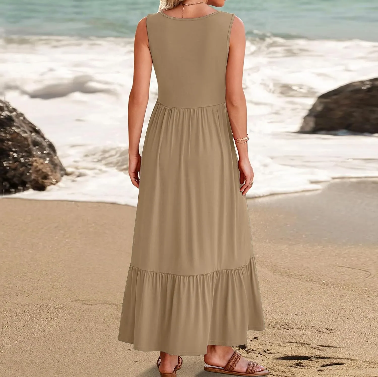 Ceboyel Women Casual Summer Dresses 2024 Flowy Pleated Maxi Dress Square Neck Sundresses Trendy Beach Vacation Clothes