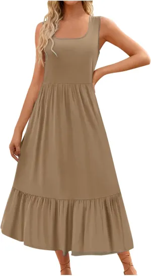 Ceboyel Women Casual Summer Dresses 2024 Flowy Pleated Maxi Dress Square Neck Sundresses Trendy Beach Vacation Clothes