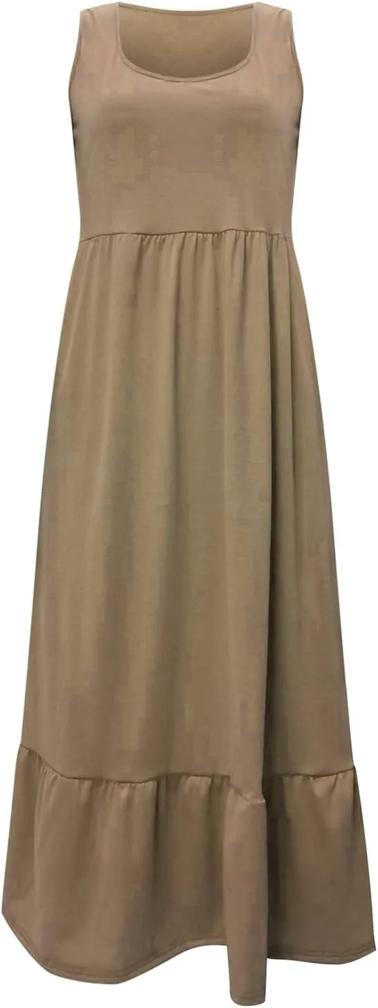Ceboyel Women Casual Summer Dresses 2024 Flowy Pleated Maxi Dress Square Neck Sundresses Trendy Beach Vacation Clothes