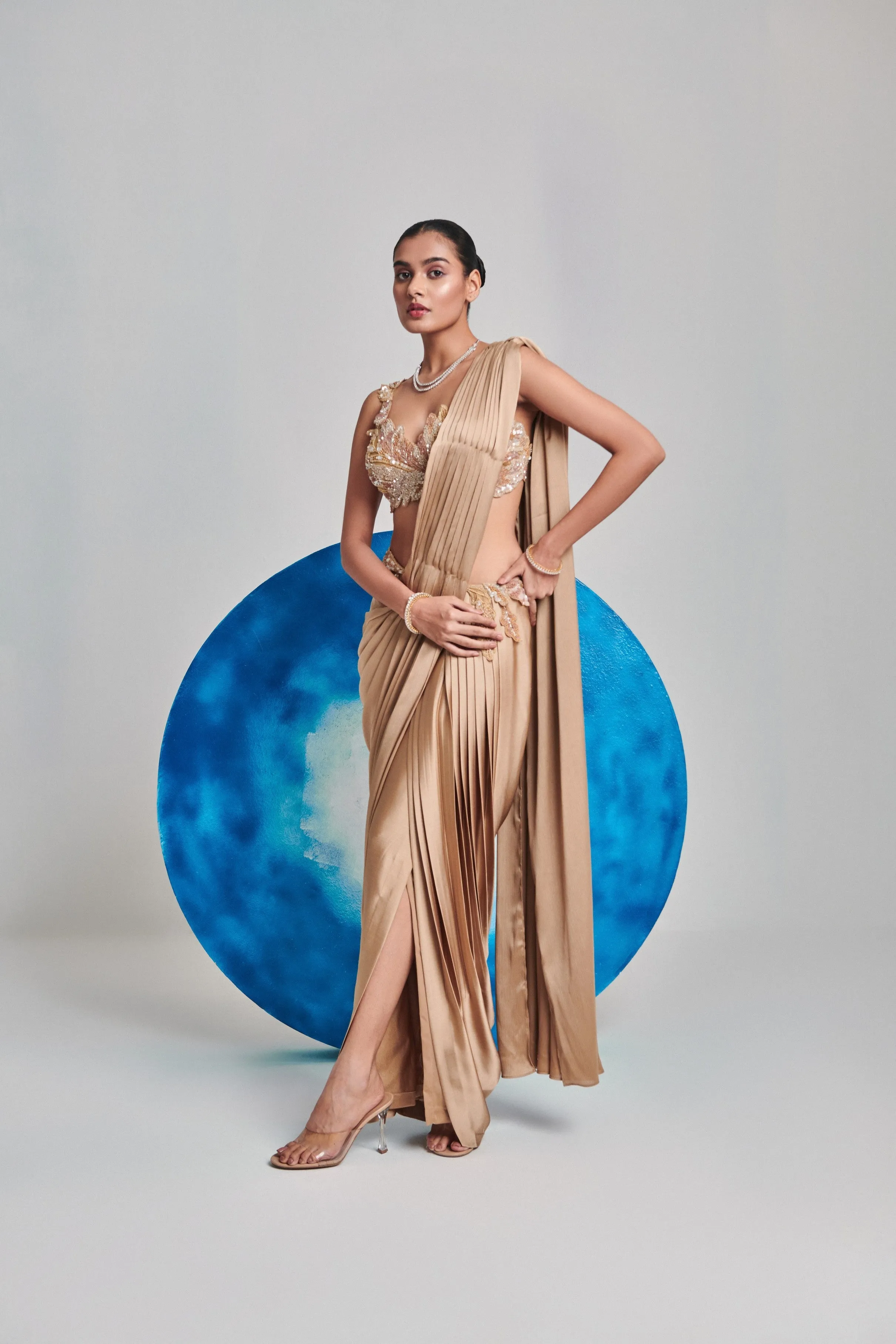 Champagne gold pre stitch, hand pleated drape saree set