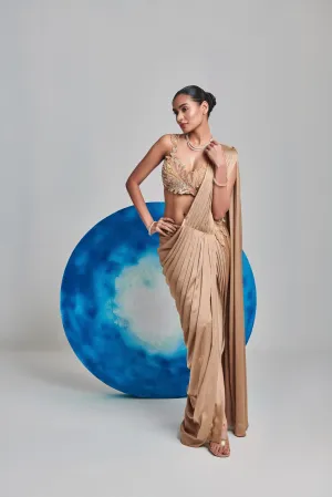Champagne gold pre stitch, hand pleated drape saree set