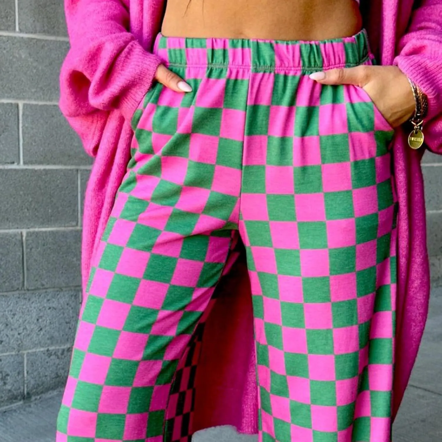 Checkered Pants for Women Elastic High Waist Wide Leg Lounge Pants Straight Loose Fit Plaid Trousers with Pockets