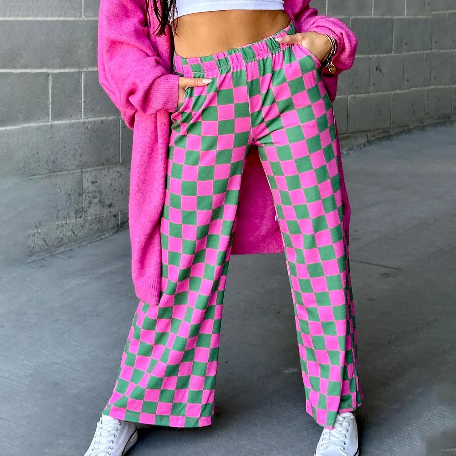 Checkered Pants for Women Elastic High Waist Wide Leg Lounge Pants Straight Loose Fit Plaid Trousers with Pockets