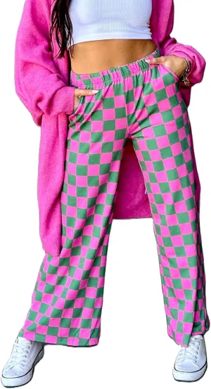 Checkered Pants for Women Elastic High Waist Wide Leg Lounge Pants Straight Loose Fit Plaid Trousers with Pockets