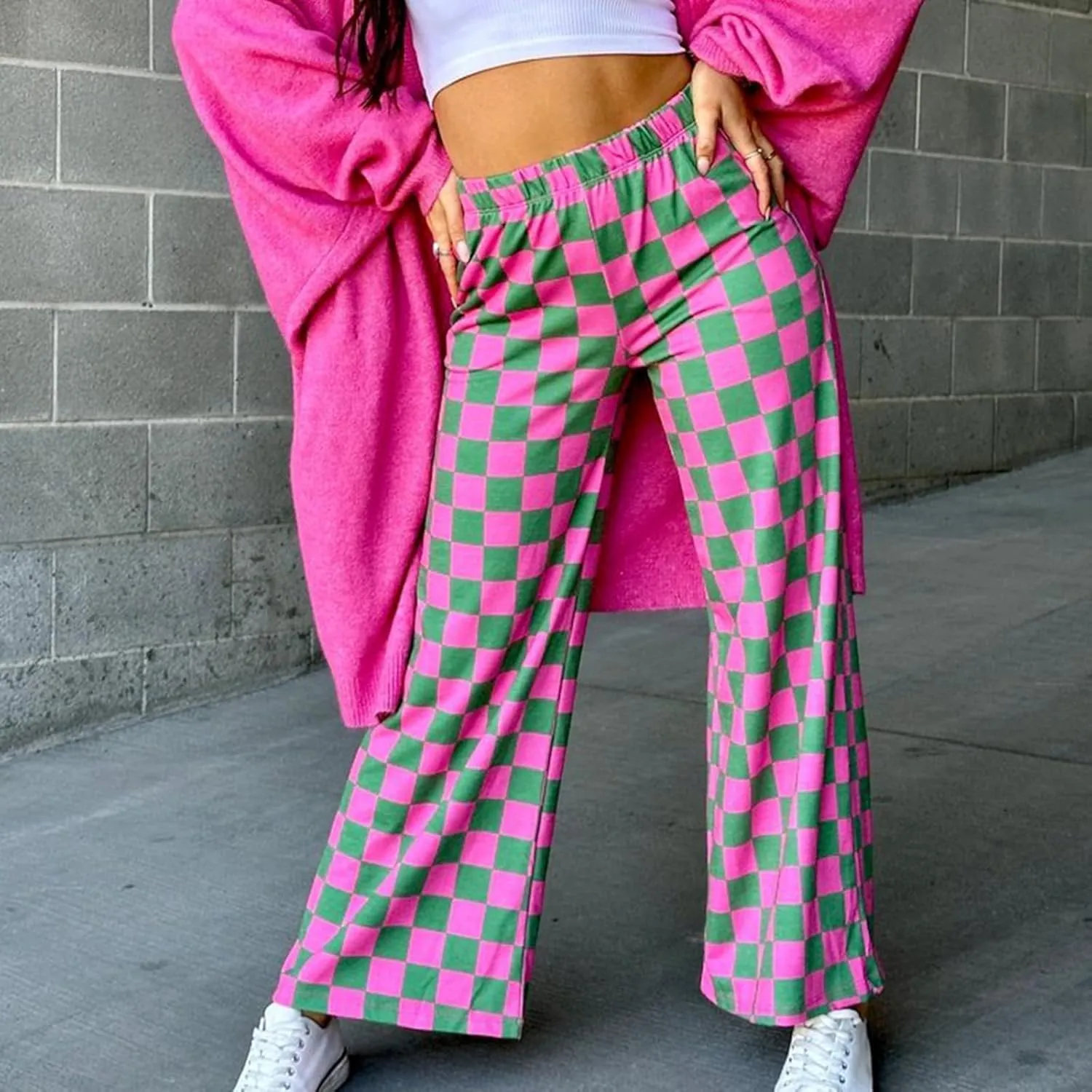 Checkered Pants for Women Elastic High Waist Wide Leg Lounge Pants Straight Loose Fit Plaid Trousers with Pockets