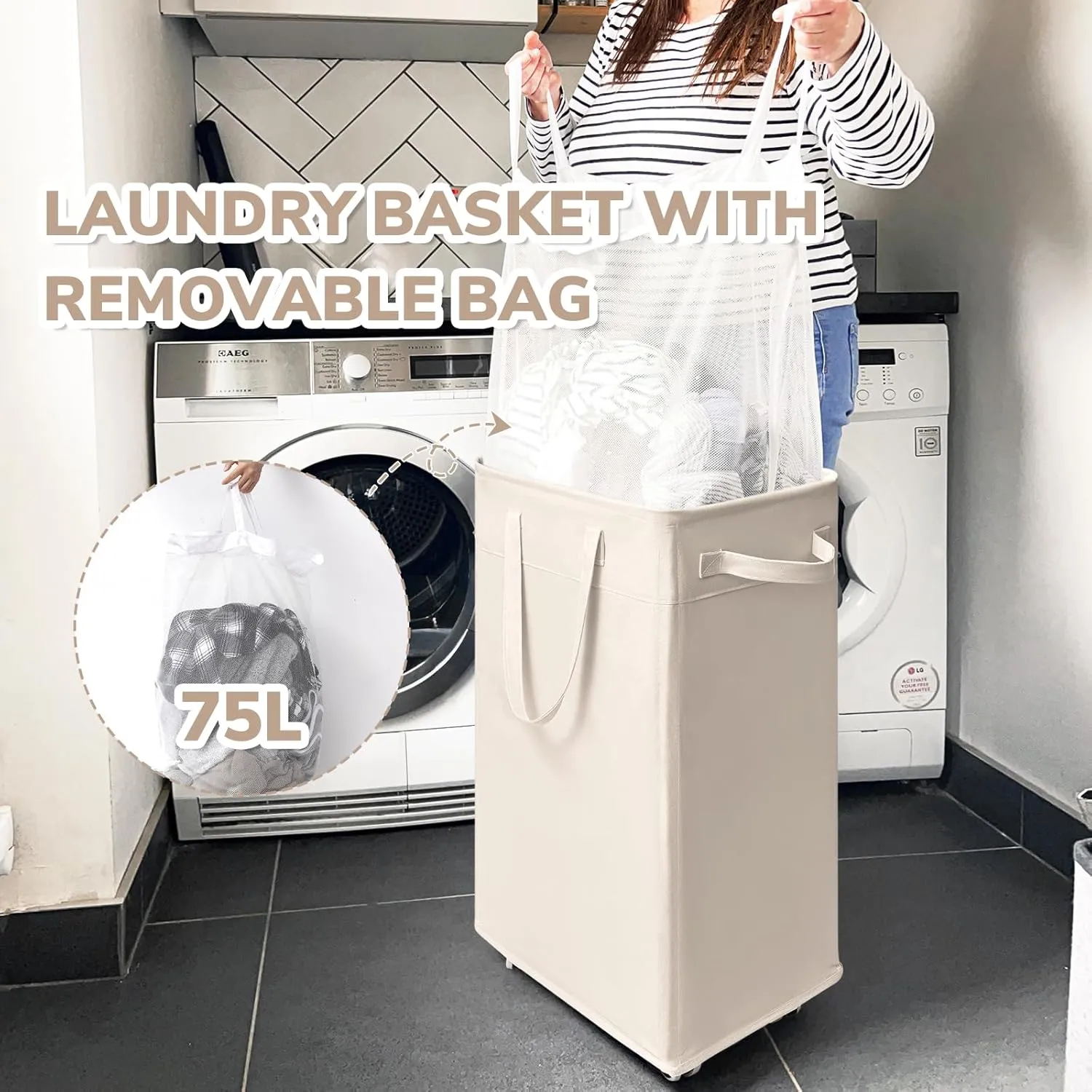 CHICVITA Collapsible Laundry Basket on Wheels 75L, Slim Laundry Hamper with Removable Wash Bag for Bedroom, Clothes Hampers for Laundry, Ivory