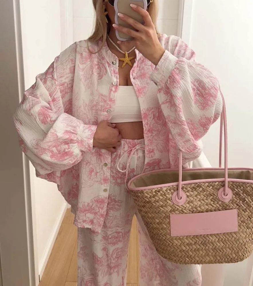 chouyatou Women's Floral Print 2 Piece Outfits Button Down Shirt Wide Leg Pants Casual Lounge Matching Set