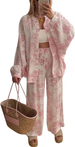 chouyatou Women's Floral Print 2 Piece Outfits Button Down Shirt Wide Leg Pants Casual Lounge Matching Set