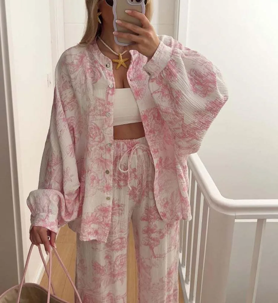 chouyatou Women's Floral Print 2 Piece Outfits Button Down Shirt Wide Leg Pants Casual Lounge Matching Set