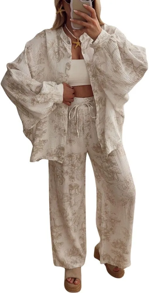 chouyatou Women's Floral Print 2 Piece Outfits Button Down Shirt Wide Leg Pants Casual Lounge Matching Set