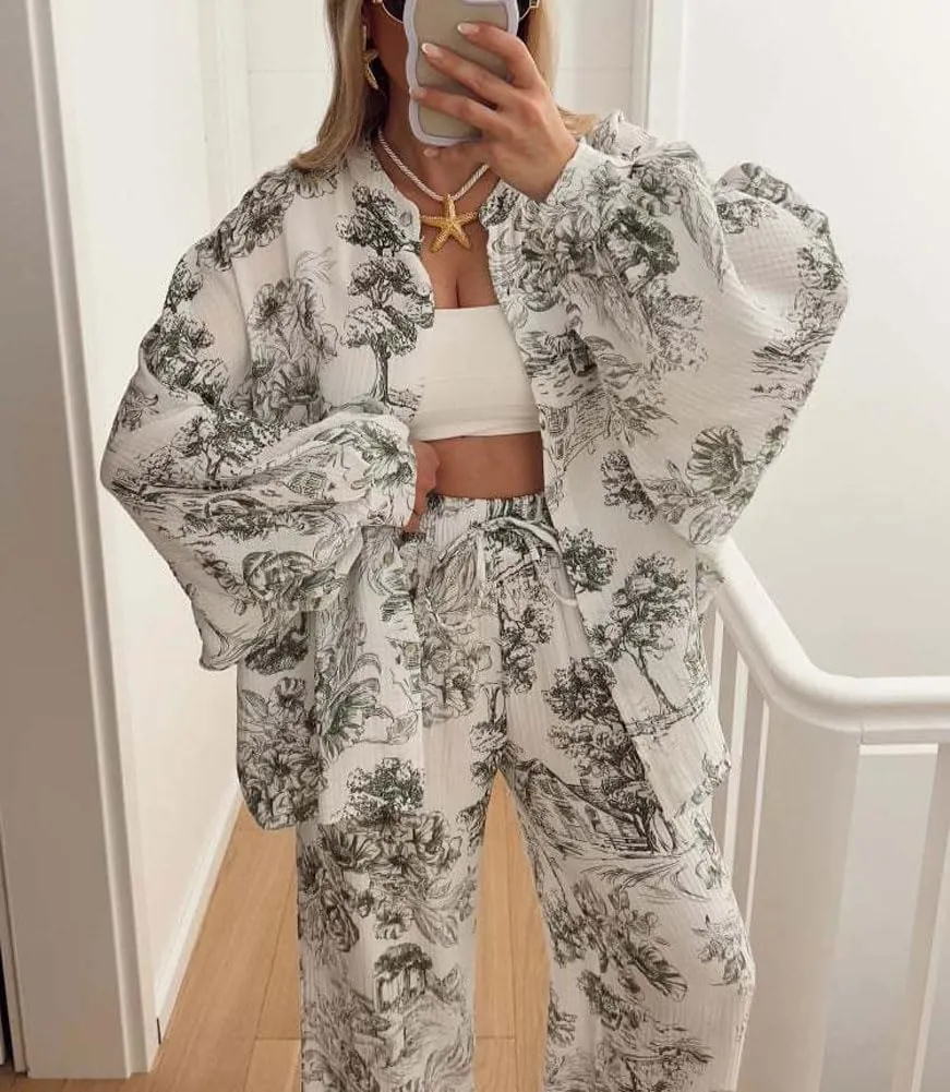chouyatou Women's Floral Print 2 Piece Outfits Button Down Shirt Wide Leg Pants Casual Lounge Matching Set