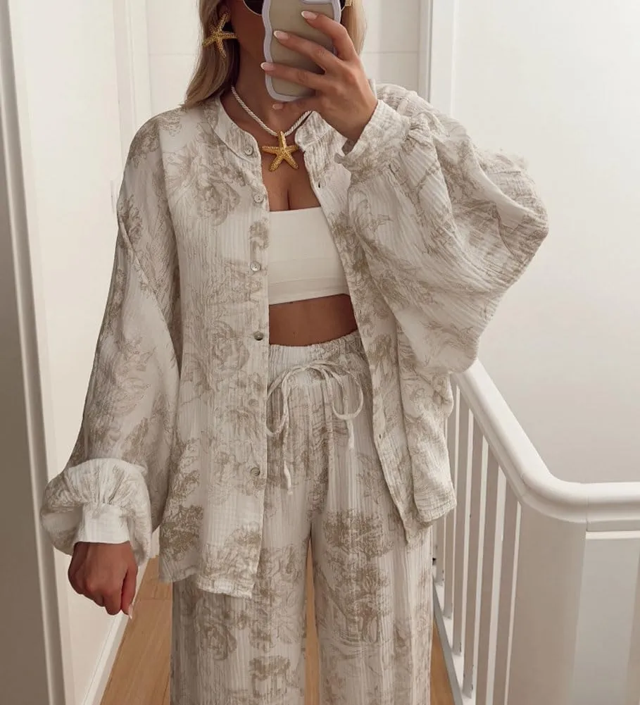 chouyatou Women's Floral Print 2 Piece Outfits Button Down Shirt Wide Leg Pants Casual Lounge Matching Set
